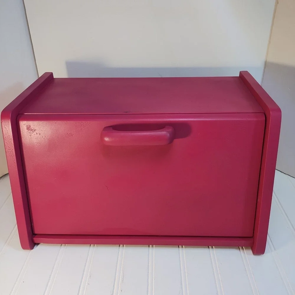 Vintage Wood Bread Box Drop Front Door Fuschia Pink Farmhouse Cottage Kitchen